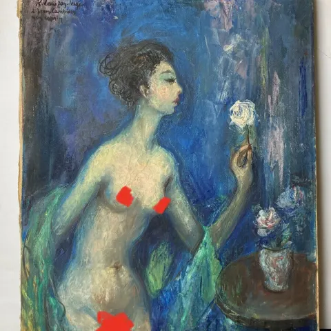 1950s Signed French Oil - Nude Lady Admiring Vase of Flowers