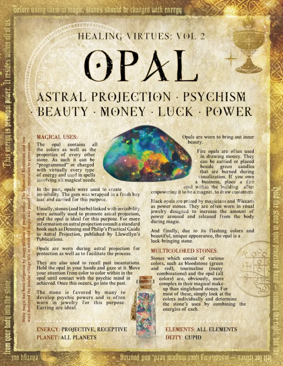 Crystals Gem Stone "Opal" Healing Virtues Designed Information Metal Wall Art