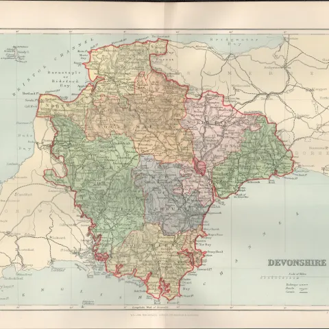 Devonshire Detailed Victorian 1894 Coloured Antique Map.
