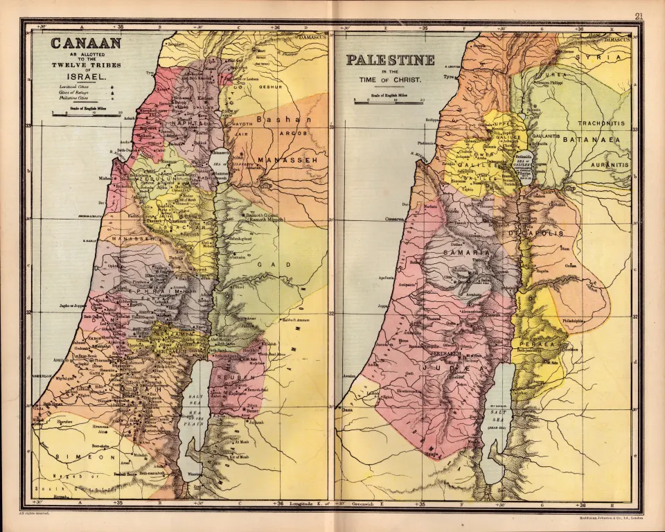 Palestine & Canaan The 12 Tribes of Christ  Antique Detailed Map.