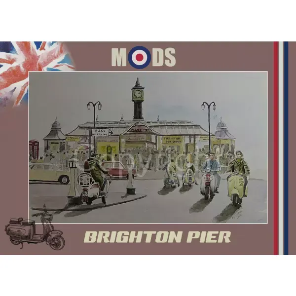 Mods Gathering Brighton Pier Nostalgic Scene Extra Large  Metal Wall Art