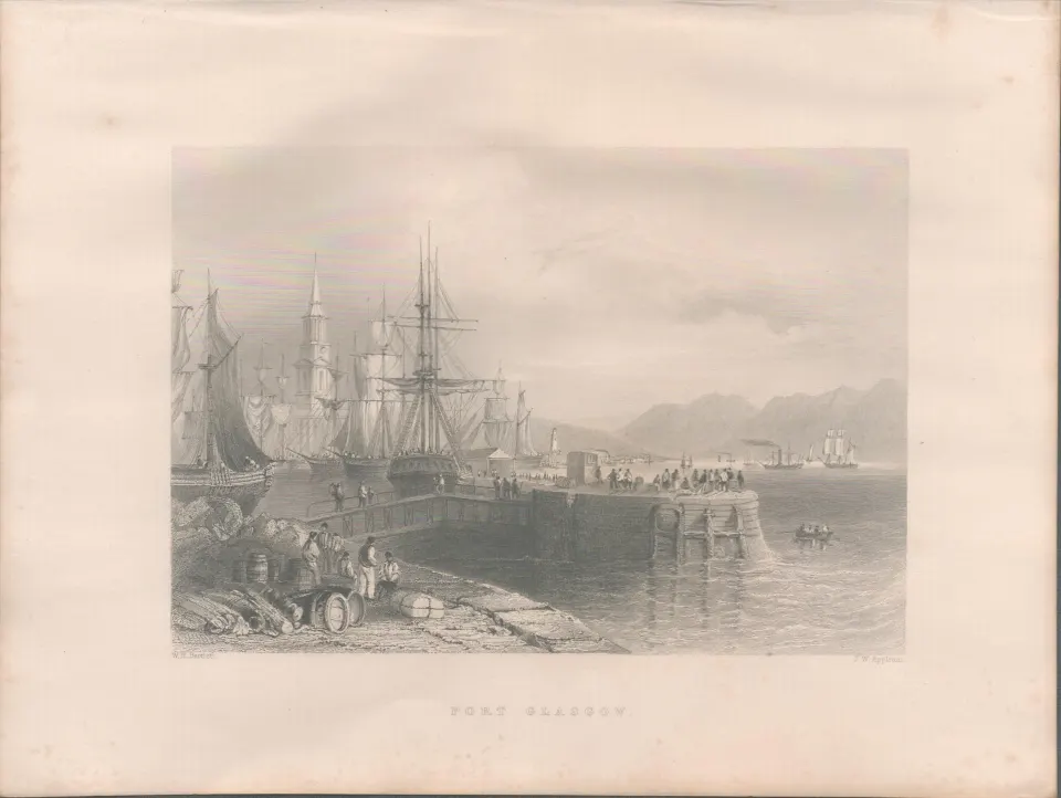 Glasgow Port Scotland Antique 1842 Steel Engraving.