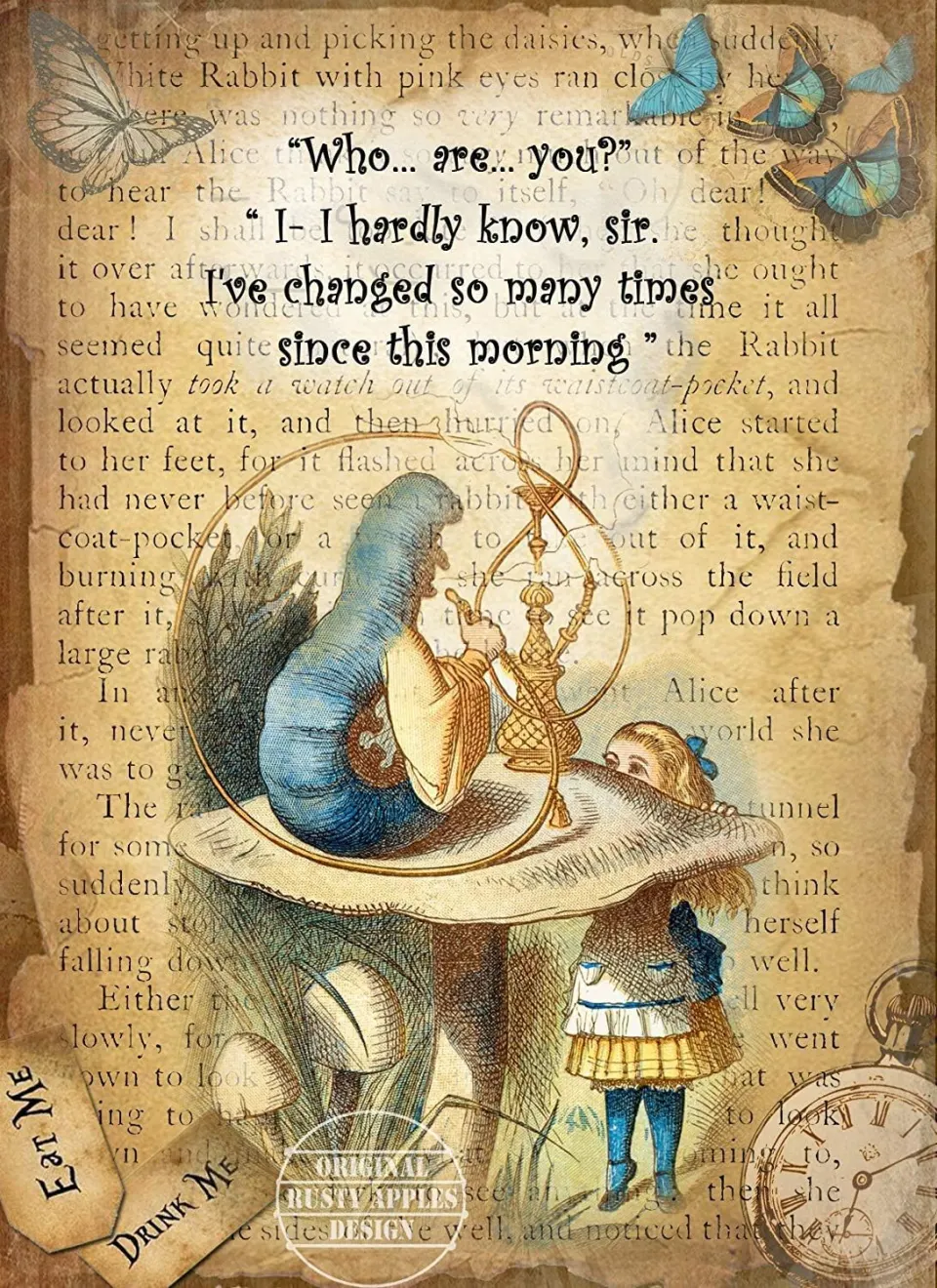 Alice in Wonderland Hookah the Caterpillar Quote Designed Large Metal Wall Art