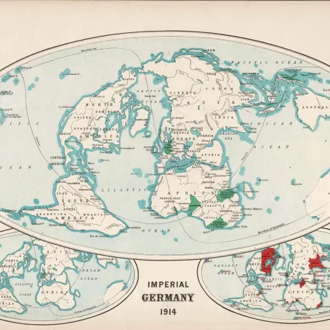 WW1 Antique Map of the World Showing the Colonies of Imperial Germany in 1914.