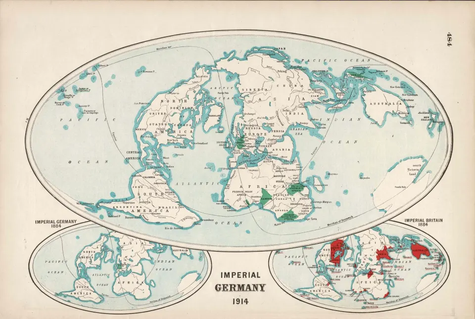 WW1 Antique Map of the World Showing the Colonies of Imperial Germany in 1914.