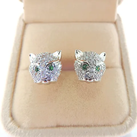 White Zircon Gemstone Panther Head Stud Earrings 'New'