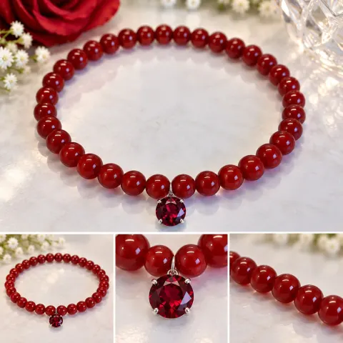 Red Beaded Elastic Necklace with Round Red Gemstone Pendant