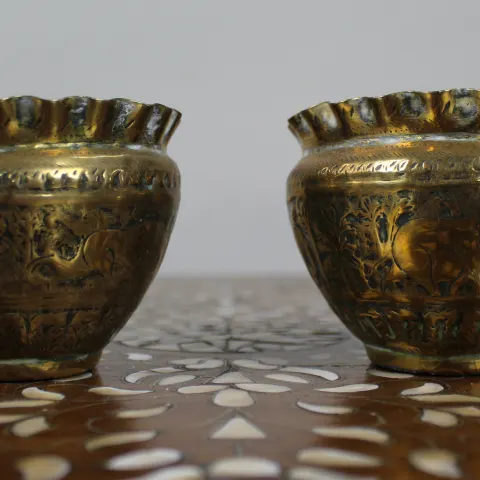 Pair of Hand-Engraved Indian Brass Bowls with Elephant and Deer Decoration