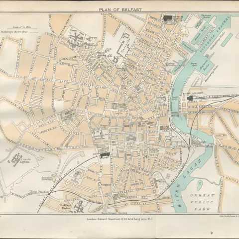 Plan of Belfast Streets & Districts Antique Coloured Map.