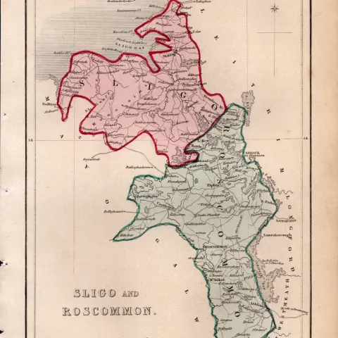 Sligo & Roscommon Antique 1850’s Coloured Map Mrs Hall Tour of Ireland.