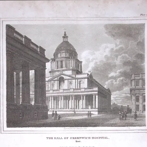 London Greenwich Hospital  176 Years-Old  Antique Engraving-1-TR