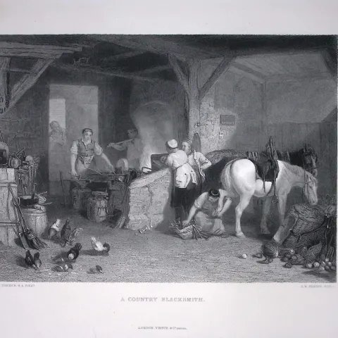 J.M.W Turner A Country Blacksmith at Work Antique Steel Engraving-72-TR