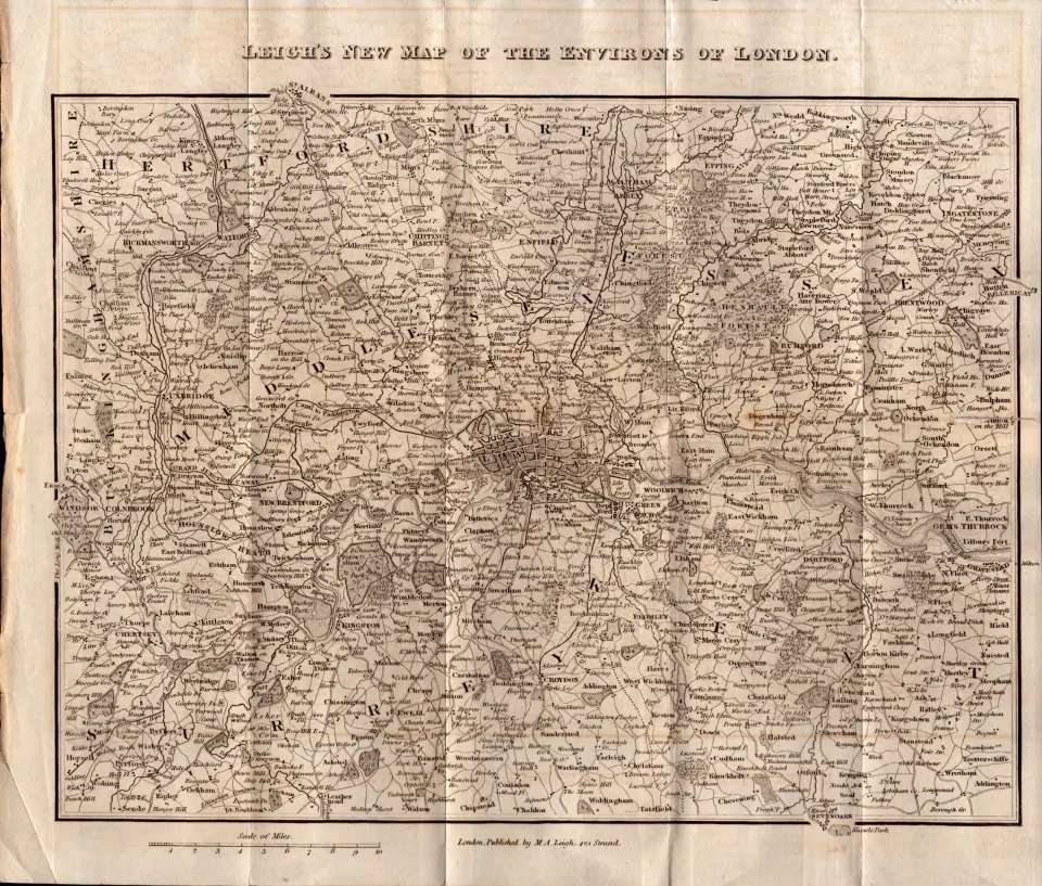 Leigh Antique William IV 190 Years-Old  Map Environs the City of London.
