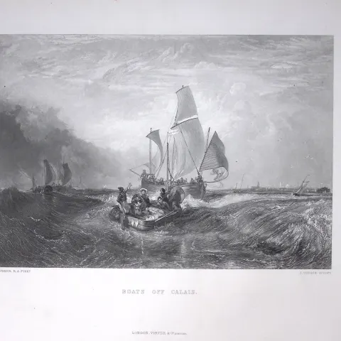 J.M.W Turner Sailing Boats off Calais France Antique Steel Engraving-36-TR