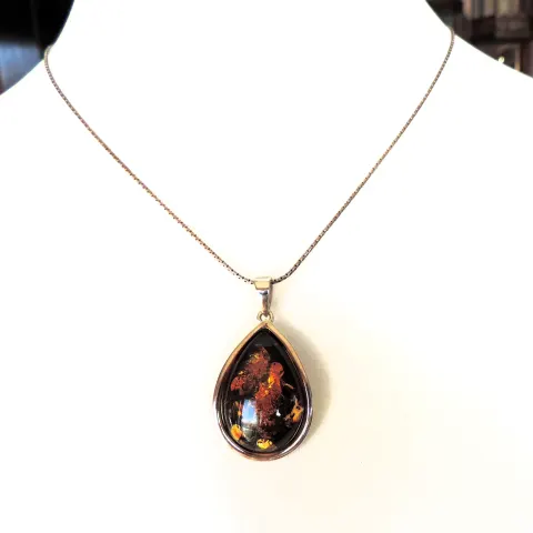 Sterling Silver Chunky Baltic Amber Pendant Necklace with Gift Box