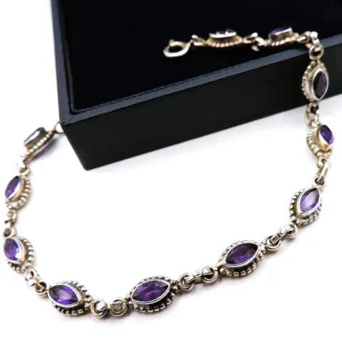 Vintage Artisan Sterling Silver Amethyst Gemstone Bracelet with Gift Box