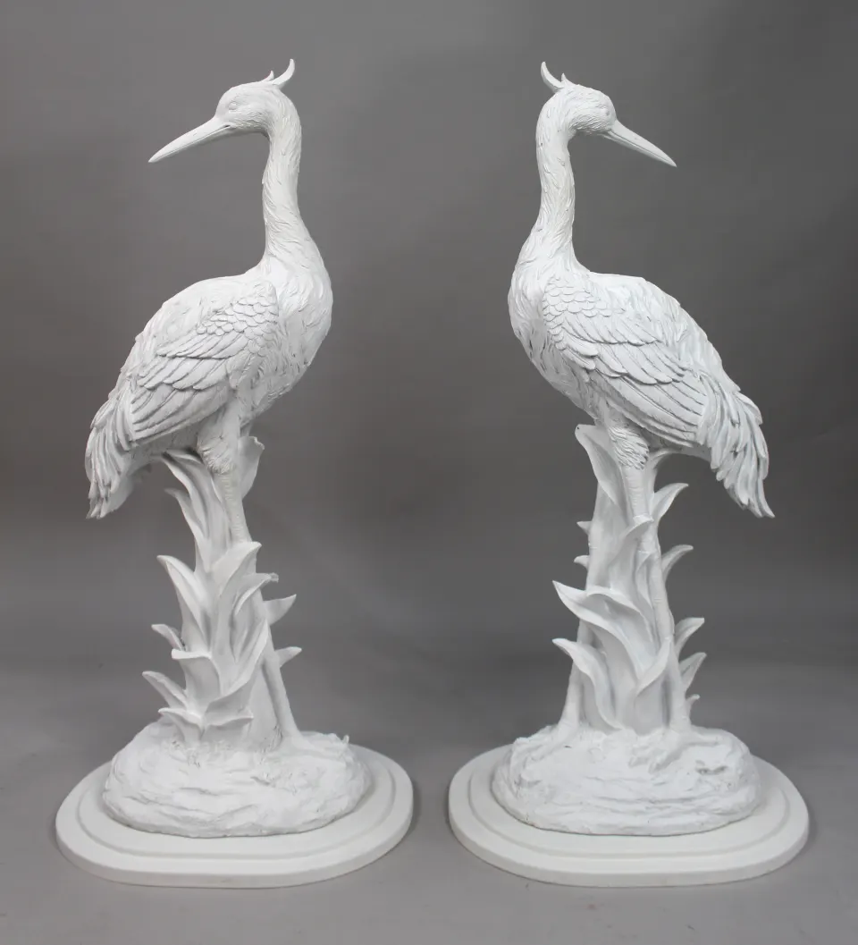 Pair of White Pained Composite Crane Bird Sculptures