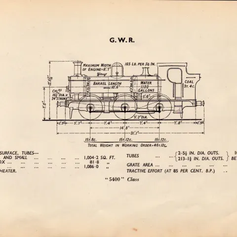 G.W.R  “5400” Class Locomotive Detailed Diagram 85 Year- Old Print-18