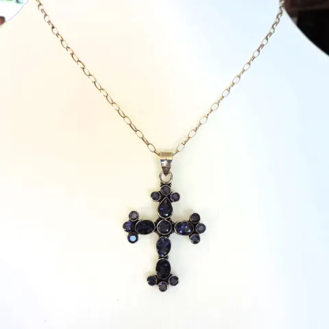 Vintage Sterling Silver Blue Sapphire Cross Necklace 12cts with Gift Box