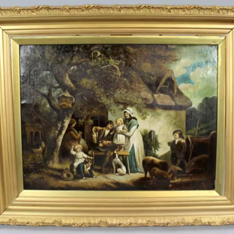 Early 19th c. Country Genre Scene Oil on Canvas