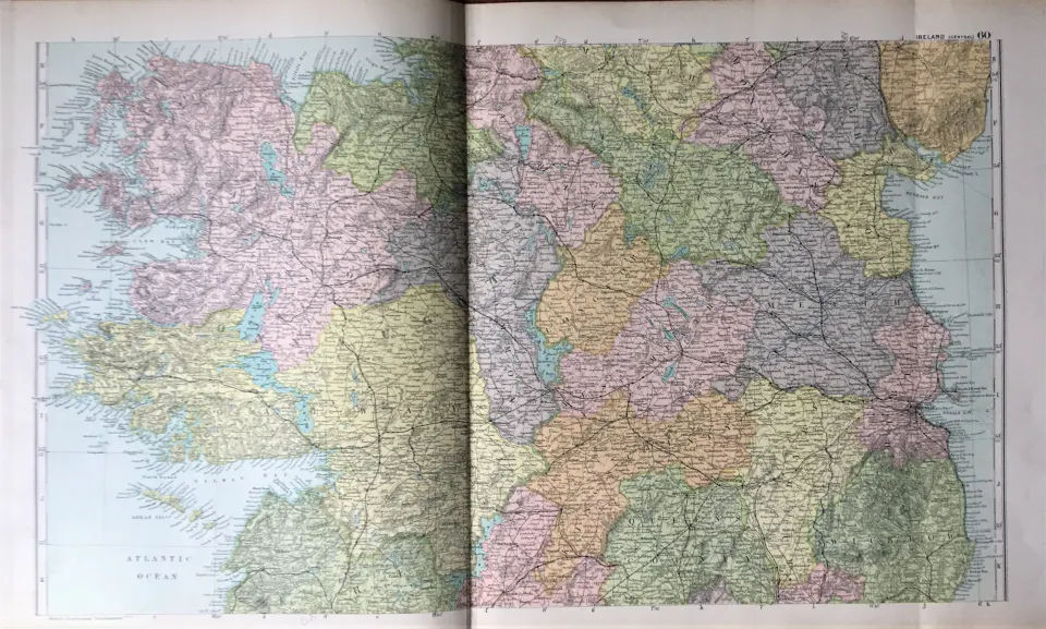 Rare Coloured Antique Large Map Ireland The Midlands 1904