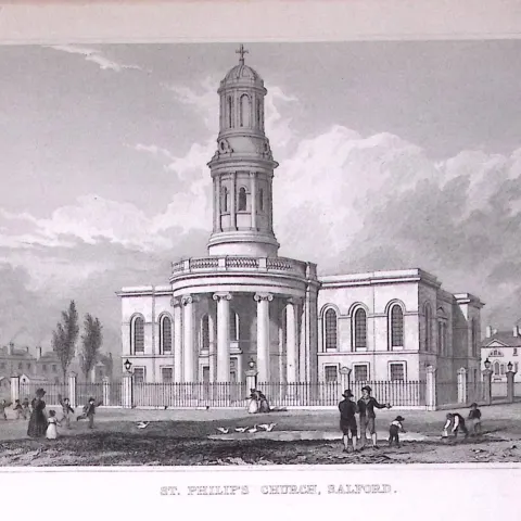 Salford St Philips Church Antique 195 Years-Old Steel-Engraving-1