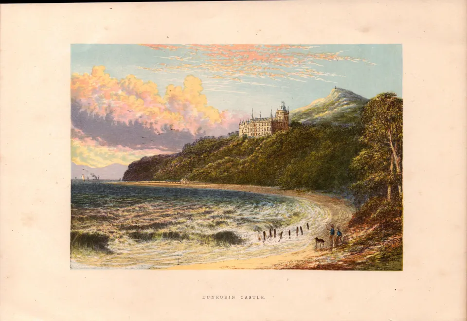 Dunrobin Castle Scottish Highlands Gilt-Edge Coloured Antique Book Plate.