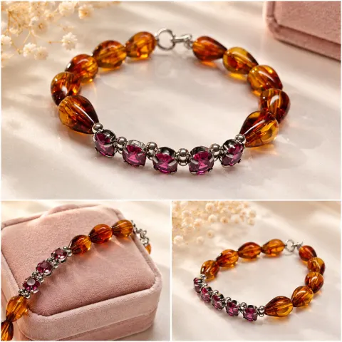 Amber Tone & Red Gemstone Beaded Bracelet
