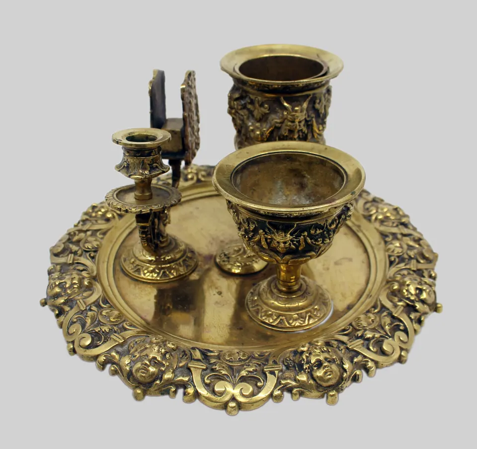 19th c. English Brass Inkwell & Writing Desk Set c.1880