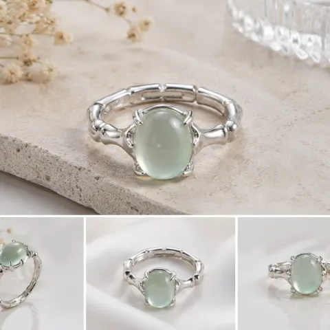Pale Green Cabochon Silver Tone Ring