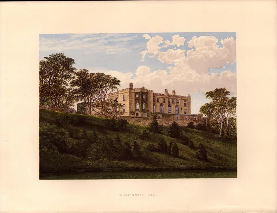 Workington Hall Whitehaven Cumbria Gilt-Edge Coloured Antique Book Plate.