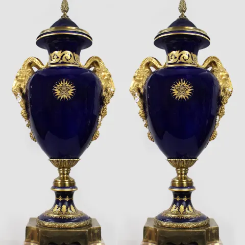 Pair of Fine Sevres Style Cobalt Blue Rams Head Lidded Urns