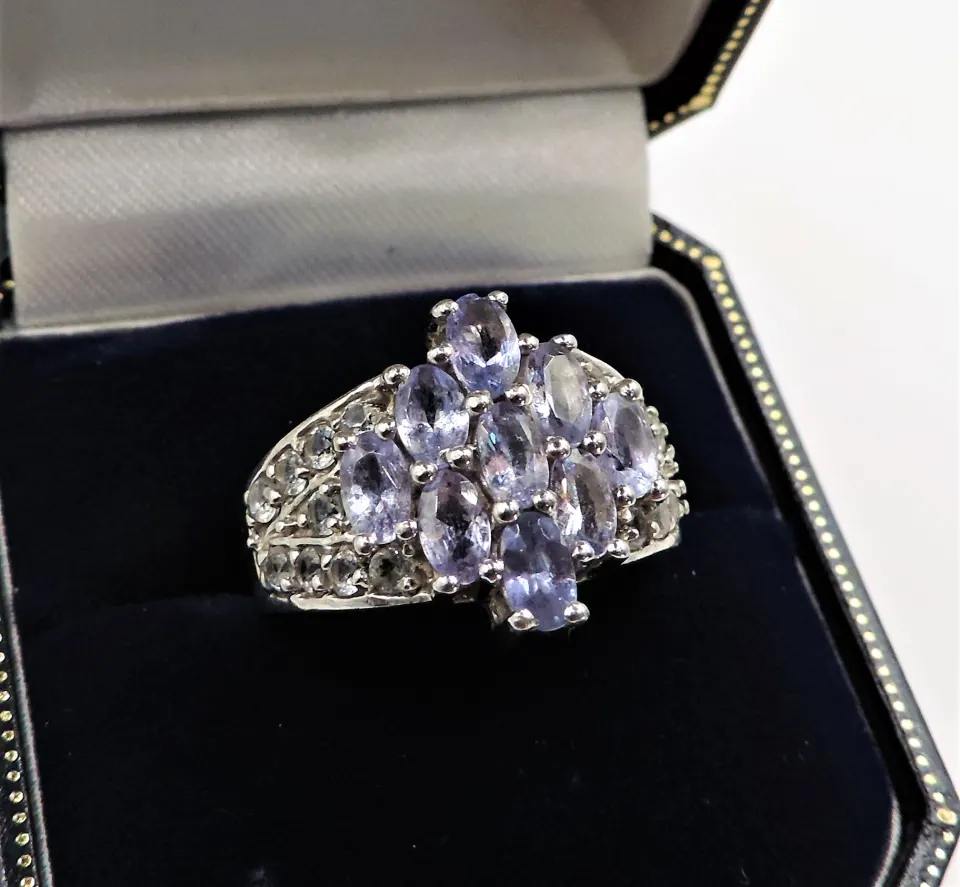 Tanzanite & Topaz Cluster Ring in Sterling Silver NEW with Gift Pouch