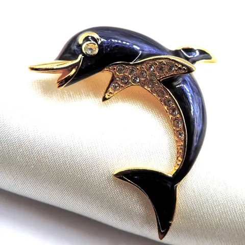 Vintage Enamel & Rhinestone Crystal Dolphin Brooch with Gift Pouch