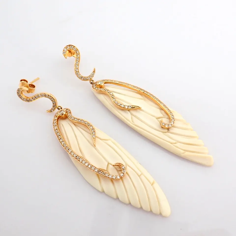 Exquisite Bone-Carved Wing Earrings Detailed With Brilliant Diamonds and Gold