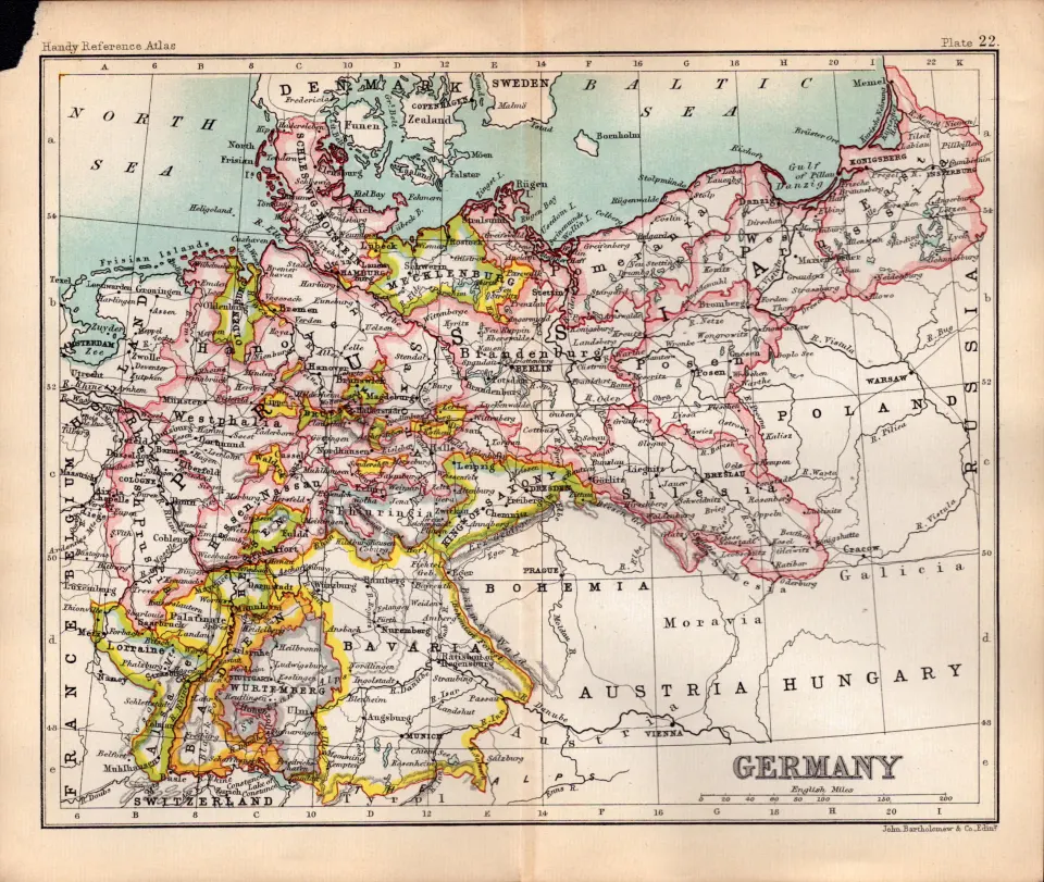 Central Germany  Double Sided Antique 1896 Map.