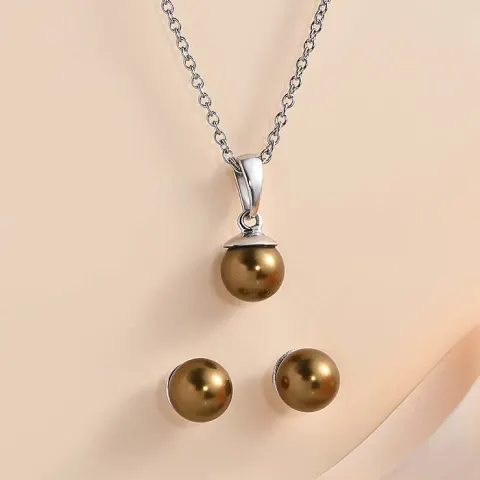 New! 2 Piece Set - Antique Brass Pearl Finest Austrian Crystal Earrings & Pendant With Chain