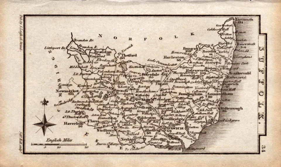 Suffolk Antique Copper Engraved George IV Map by Sidney Hall.