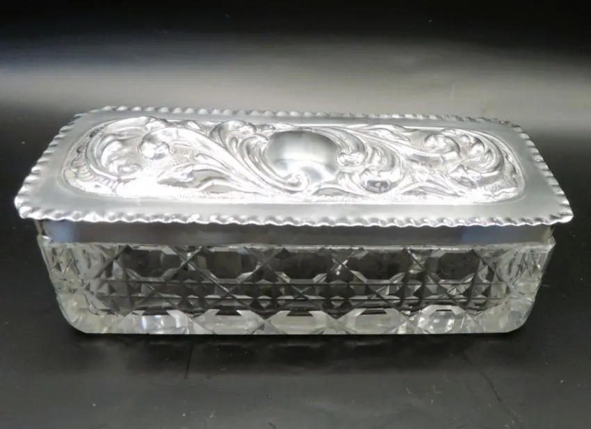  Antique Sterling Silver Cut Glass Vanity Box Birmingham 1903
