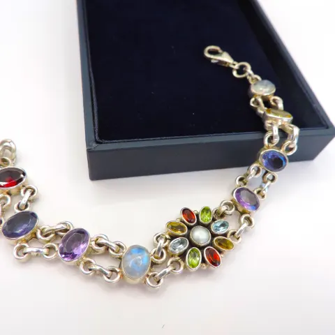 Vintage Sterling Silver Multi Colour Gemstone Bracelet With Gift Box