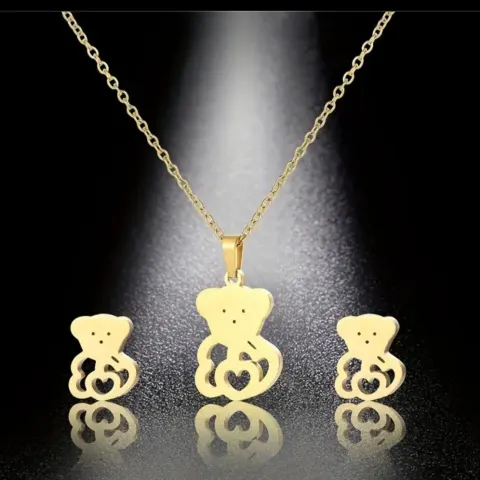 New! 3 Piece Set - Bear Hollow Heart Pattern Stud Earrings & Pendant.