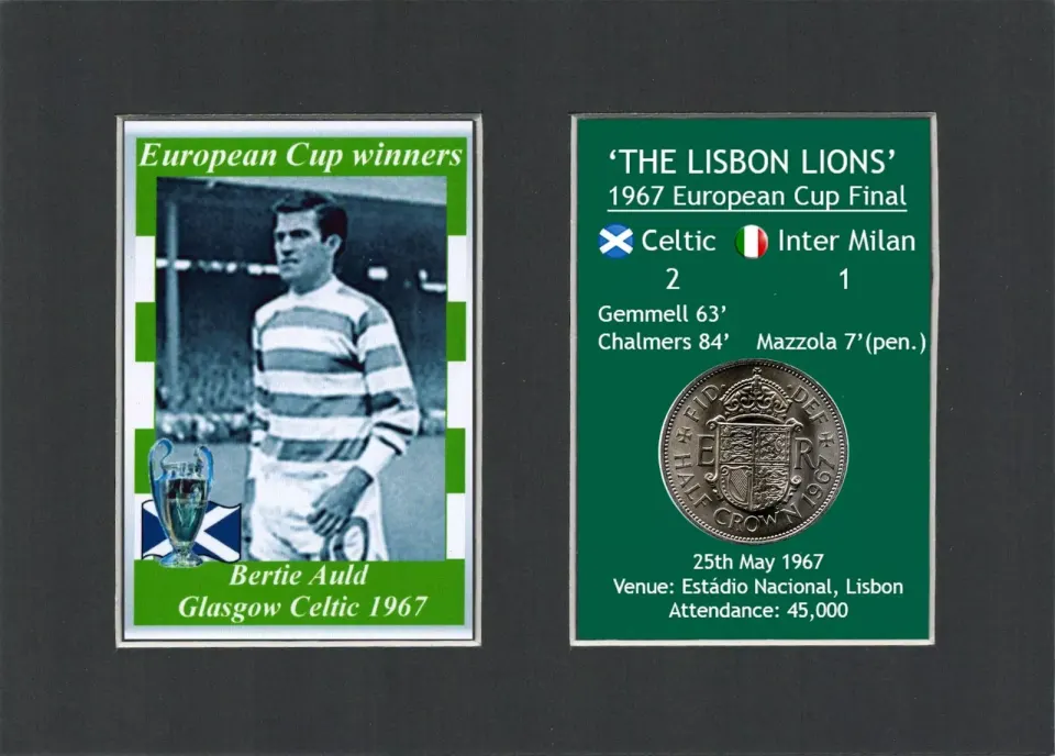 Bertie Auld Celtic European Cup Mount & 57 Year-Old 1967 Coin Set.