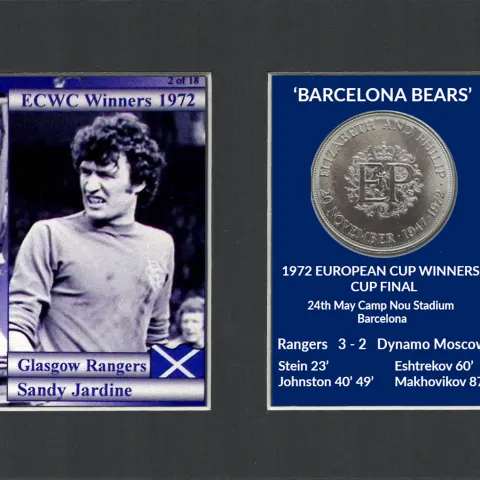 Sandy Jardine Rangers FC Wins 1972 ECWC Mounted Card & Coin Metal Art Display