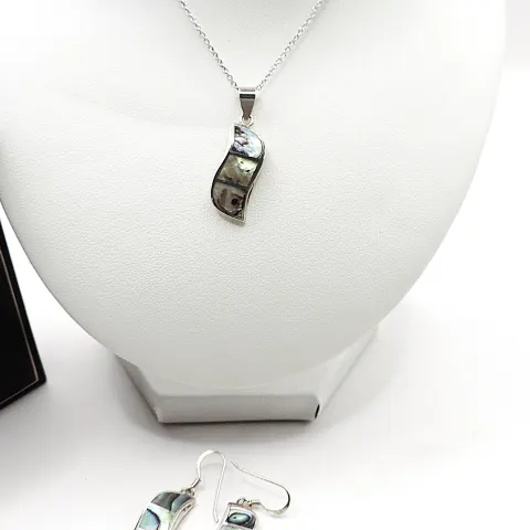 925 Sterling Silver Abalone Pendant Necklace & Earrings Set New With Gift Pouch