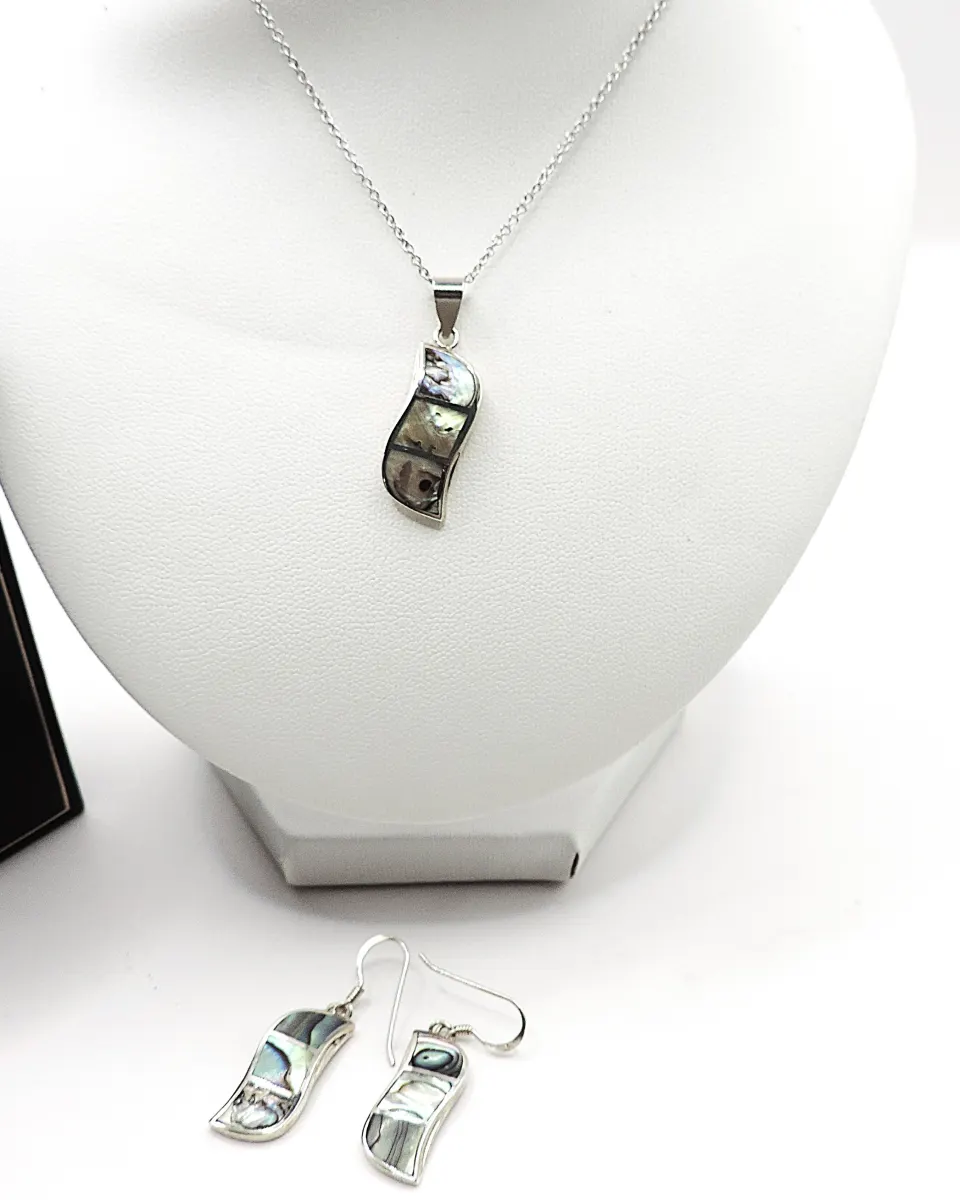 925 Sterling Silver Abalone Pendant Necklace & Earrings Set New With Gift Pouch