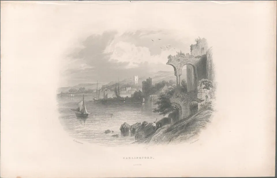 Antique Steel Engraving 1850s Carlingford Louth.