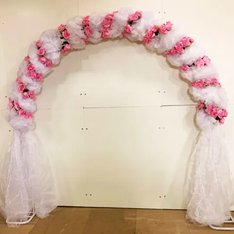Lot 2; PROFESSIONAL METAL 275cm WEDDING FLOWER ARCH WITH PINK & WHITE ARTIFICIAL FLOWERS. RRP £999