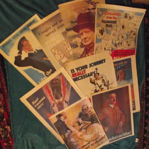 9 X Vintage WW2 Style Propaganda Posters - Thin paper - No date - probably 1970's reprints.