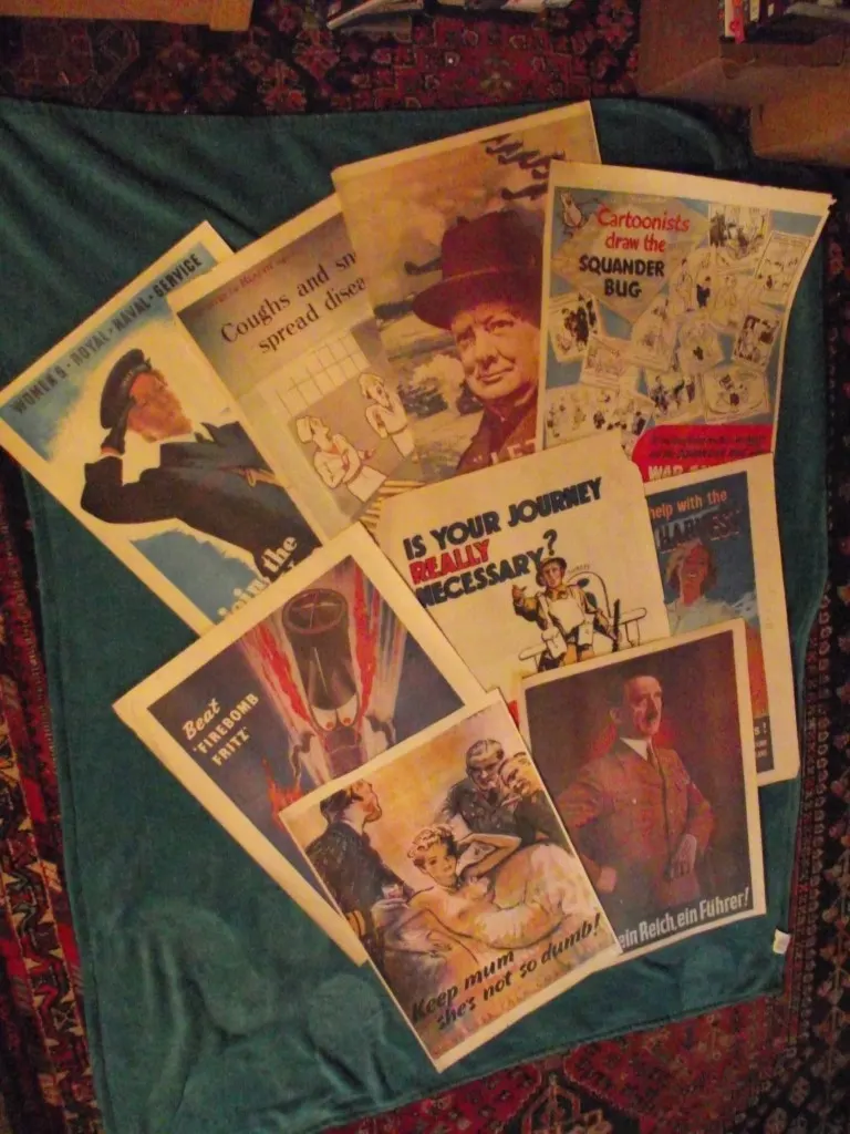 9 X Vintage WW2 Style Propaganda Posters - Thin paper - No date - probably 1970's reprints.