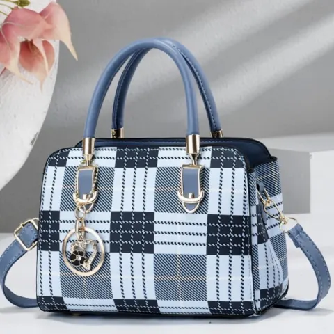 Women’s Blue Plaid Tote & Crossbody Bag – Large Handbag with Rhinestone Charm, Zipper Shoulder Purse